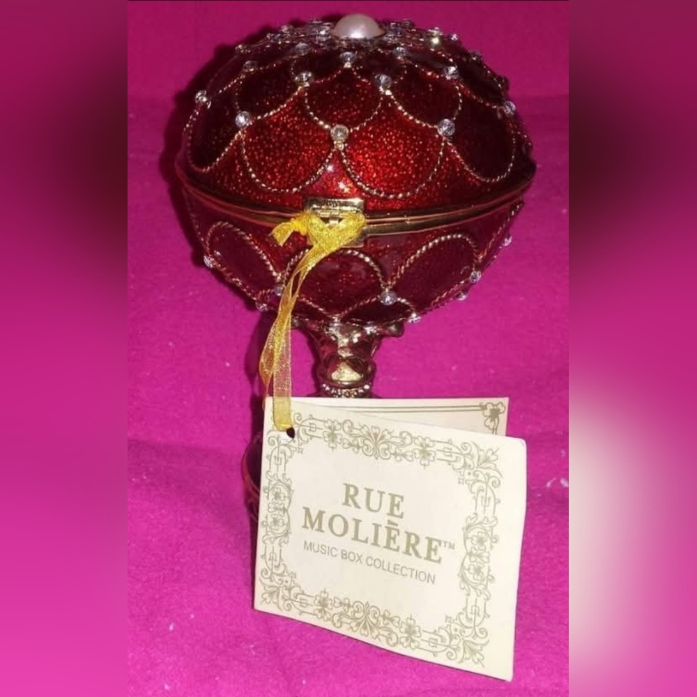 Rue Moliere Holiday Red Egg Music Box Jewelry/Trinket Box Bejeweled Plays